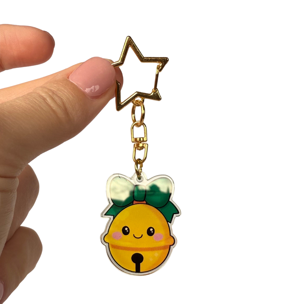 Acryl-Keychain Jingle Bell – Kawaii Glöckchen mit Stern-Karabiner in Gold (4 cm)